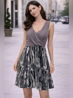 Sleeveless Taupe Wrap-Front Midi Dress with Black & Gray Patterned Skirt